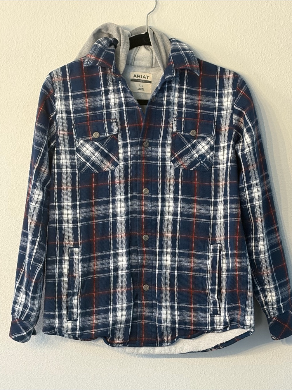 Ariat Blue and White Plaid Hooded Flannel Shirt Jacket